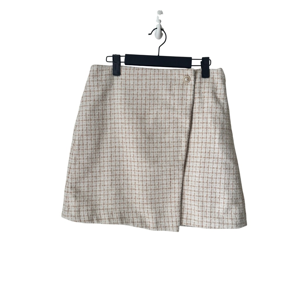 Marc New York Andrew Marc Cream Tan Tweed Plaid Mini Skirt Pearl Button Size 4